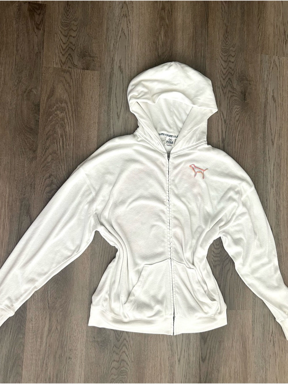 PINK Victoria's Secret White Zip-Up Hooded Jacket with Pink Logo